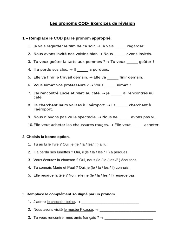 Exercices de Révision - Les Pronoms COD (Le - La - Les - L') | PDF