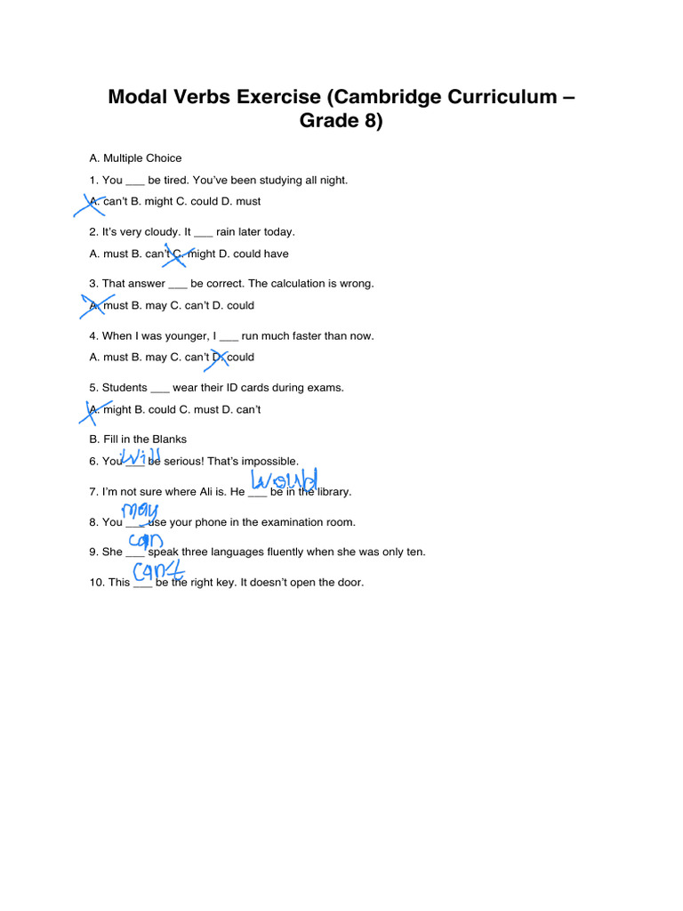 Modal Verbs Grade 8 Cambridge | PDF
