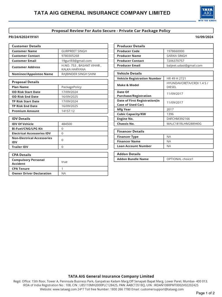 Tata AIG Motor Review Proposal 3184 PR 24 6202419161 | PDF | Insurance ...
