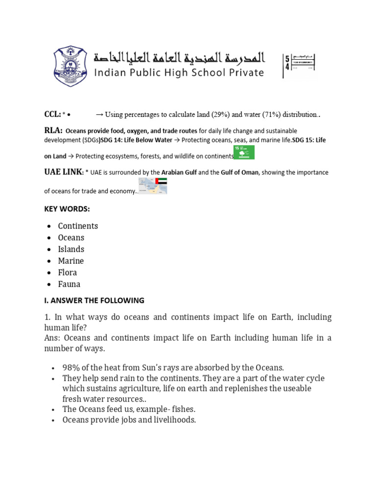 Class 6 CH Oceans and Continents Notes | PDF | Continent | Oceans