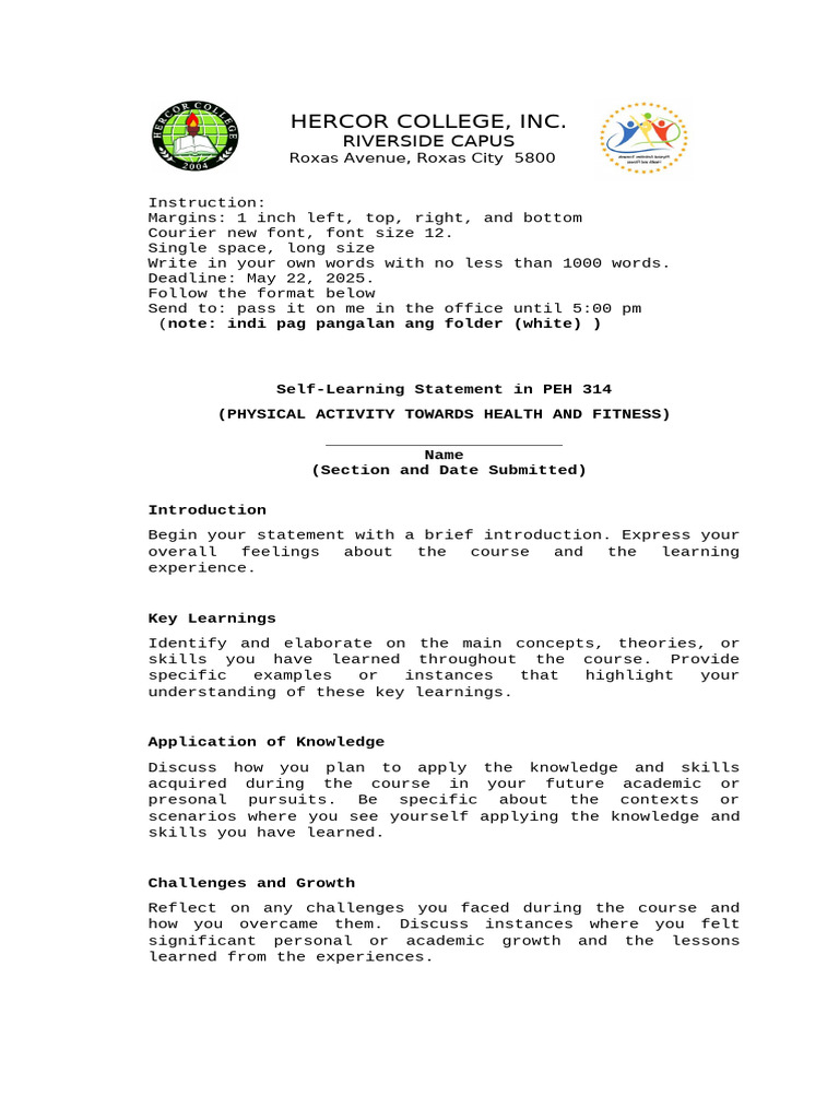 Self Learning Statement in PEH314 BEED | PDF