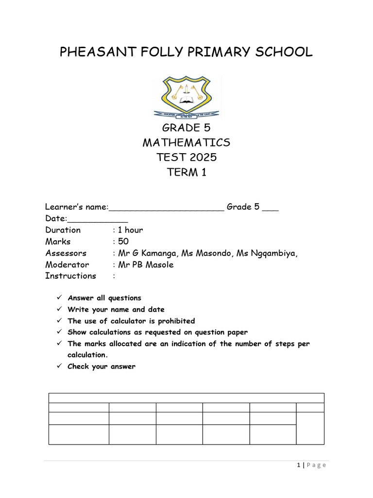 Grade 5 Maths Test - Term 1 New 2025 | PDF | Mathematics | Arithmetic