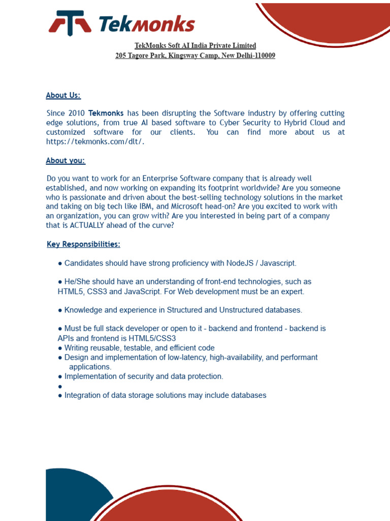 Job Description - Freshers - Tekmonks | PDF