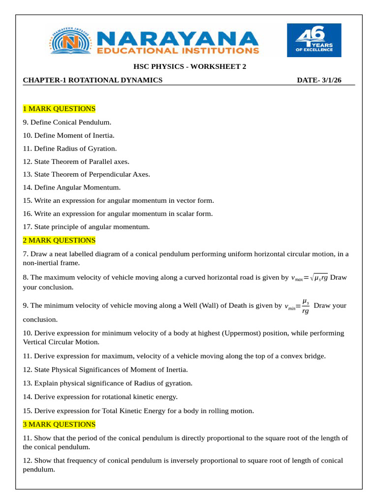 HSC Phy CH 1 Ws2 - 3!1!26 | PDF | Torque | Angular Momentum