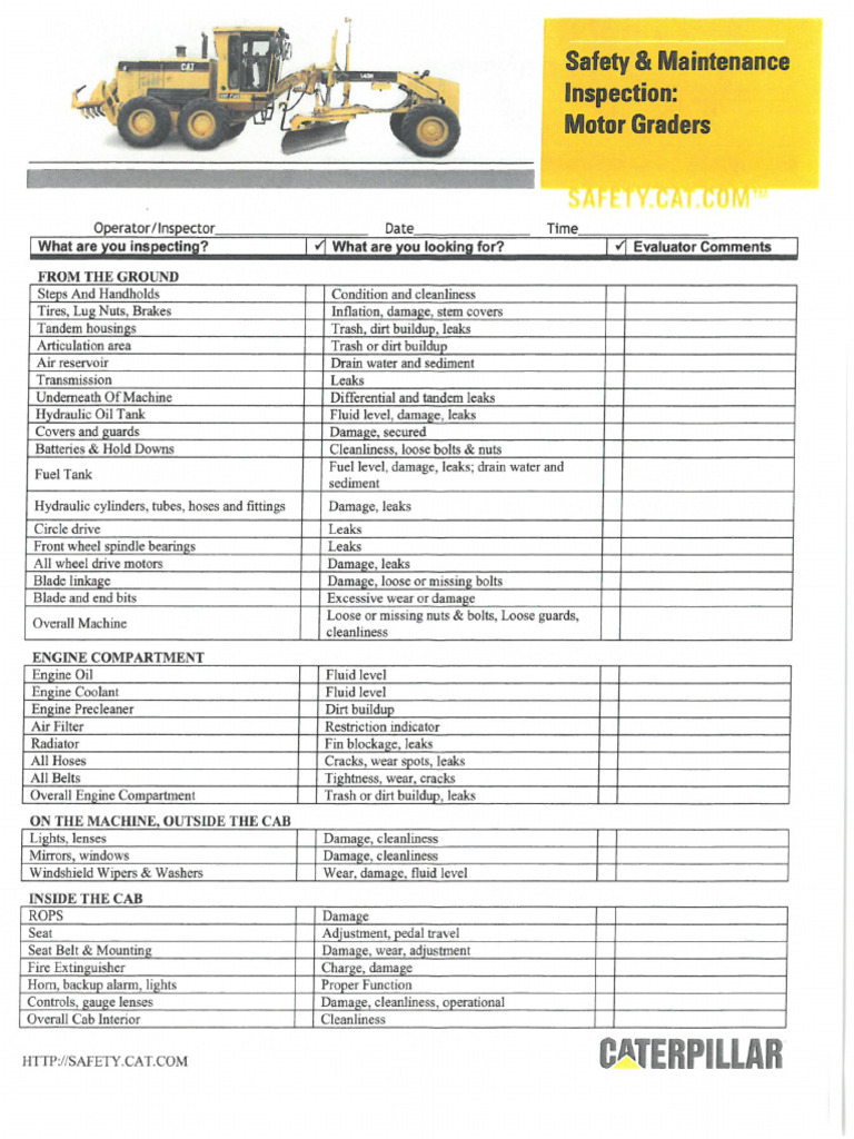 Checklist Safety Maintenance Inspection Motor Graders | PDF