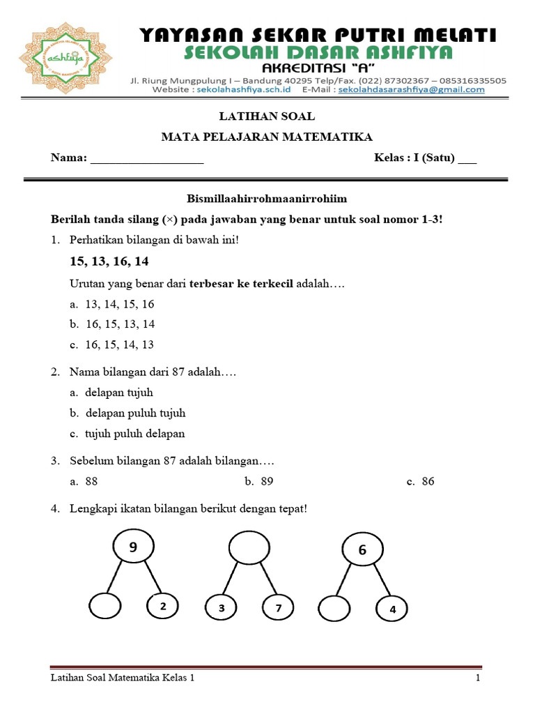 Latihan Soal Math Kelas 1 | PDF