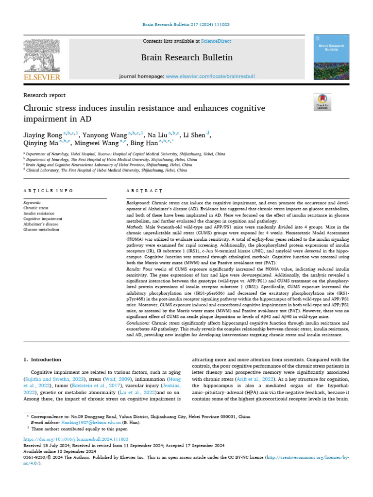 Chronic Stress Induces Insulin Resistance and Enhances Cognitive ...