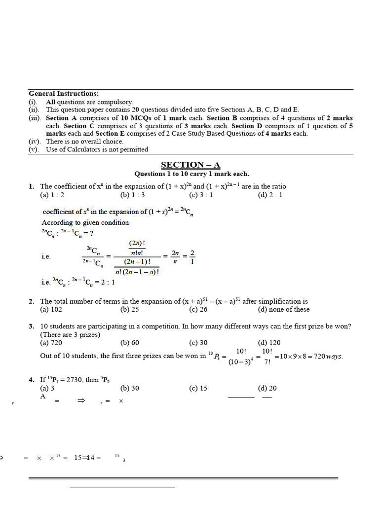 MATHS Permutation Combinations & Binomial Theorem TEST | PDF | Mathematics