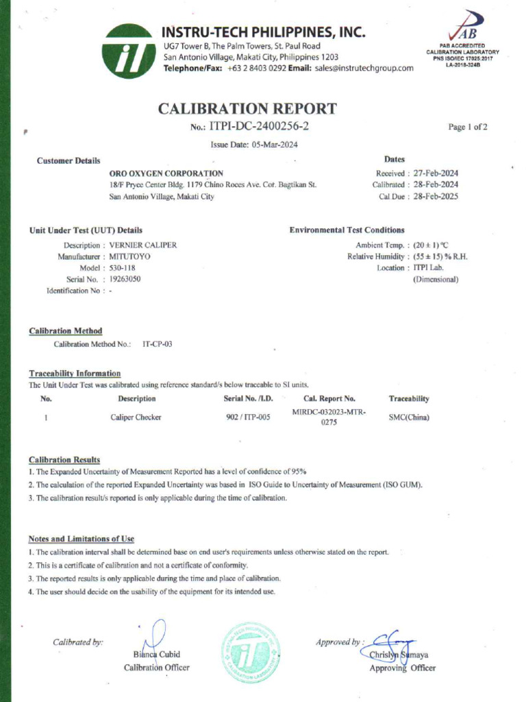 Bamban Calibration Report - Vernier Caliper | PDF