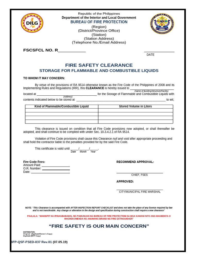 FSED 037 Fire Safety Clearance - Storage for Flammable and Combustible ...