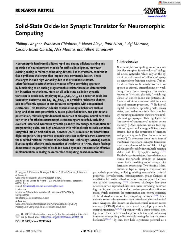 Advanced Materials - 2024 - Langner - Solid State Oxide Ion Synaptic ...