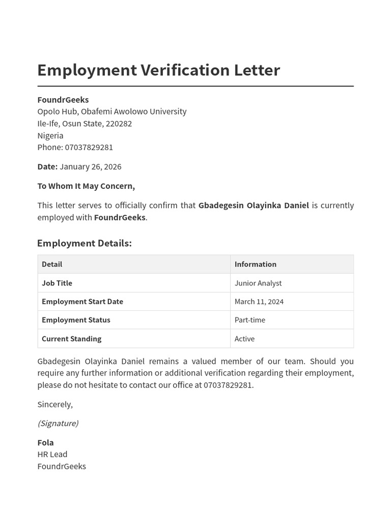 Employment Verification Letter Gbadegesin | PDF