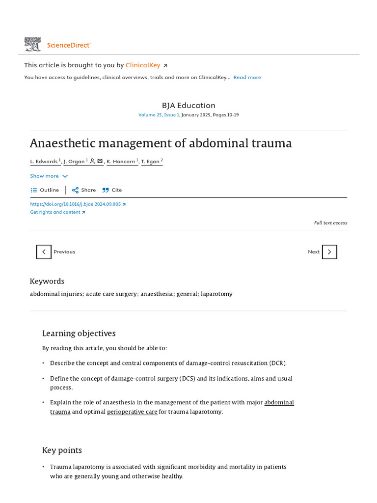 Anaesthetic Management of Abdominal Trauma | PDF | Major Trauma | Blood ...