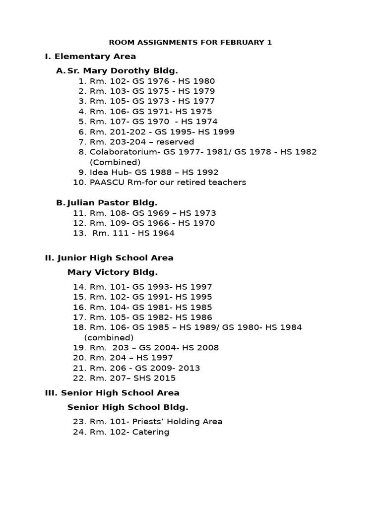 Updated Room Assignments For February 1 | PDF