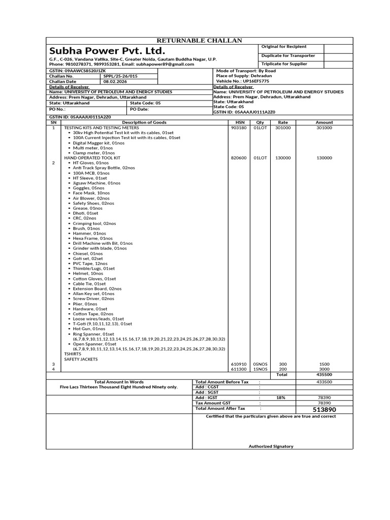 15 Returnable Challan UPES Kandoli Tools 0 Testing Kits-1 | PDF ...
