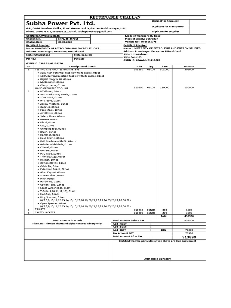 15 Returnable Challan UPES Kandoli Tools & Testing Kits | PDF ...