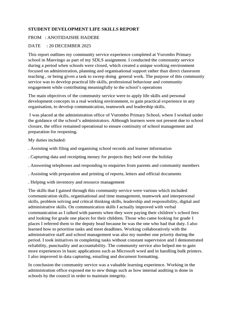 Student Development Life Skills Report | PDF | Communication | Learning