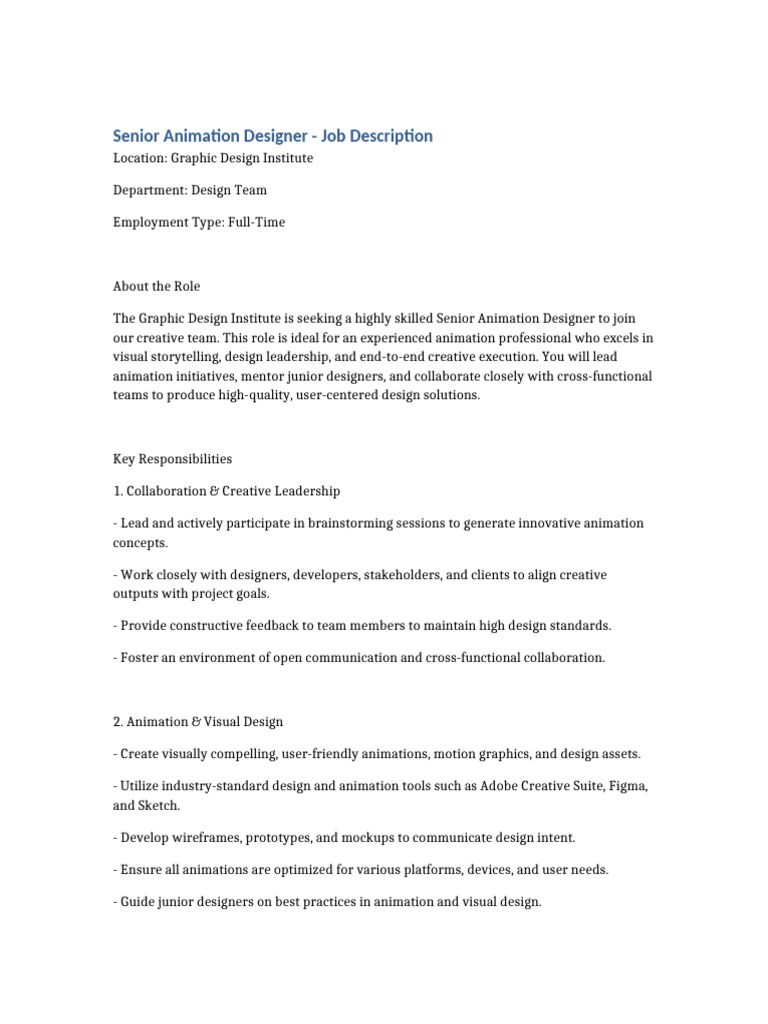 Senior Animation Designer Job Description (1) | PDF | Usability ...