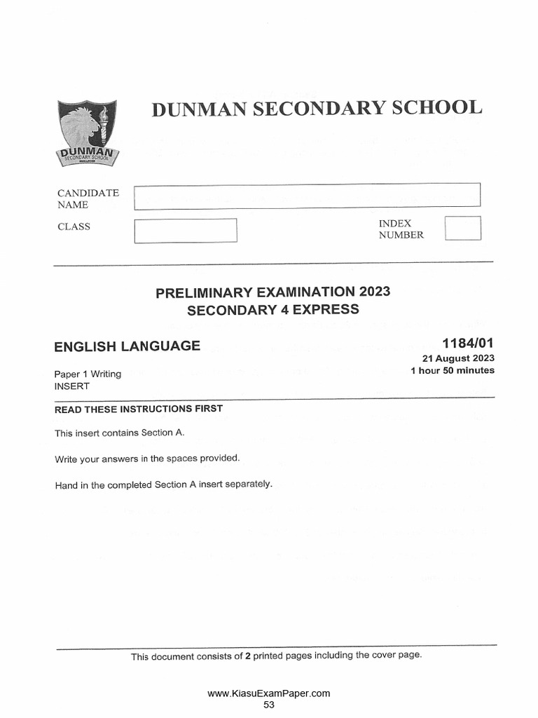2023 Dunman Secondary School 4 Express English Part 1 | PDF