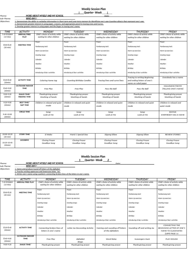 Pre-K2 Weekly Session Plan | PDF