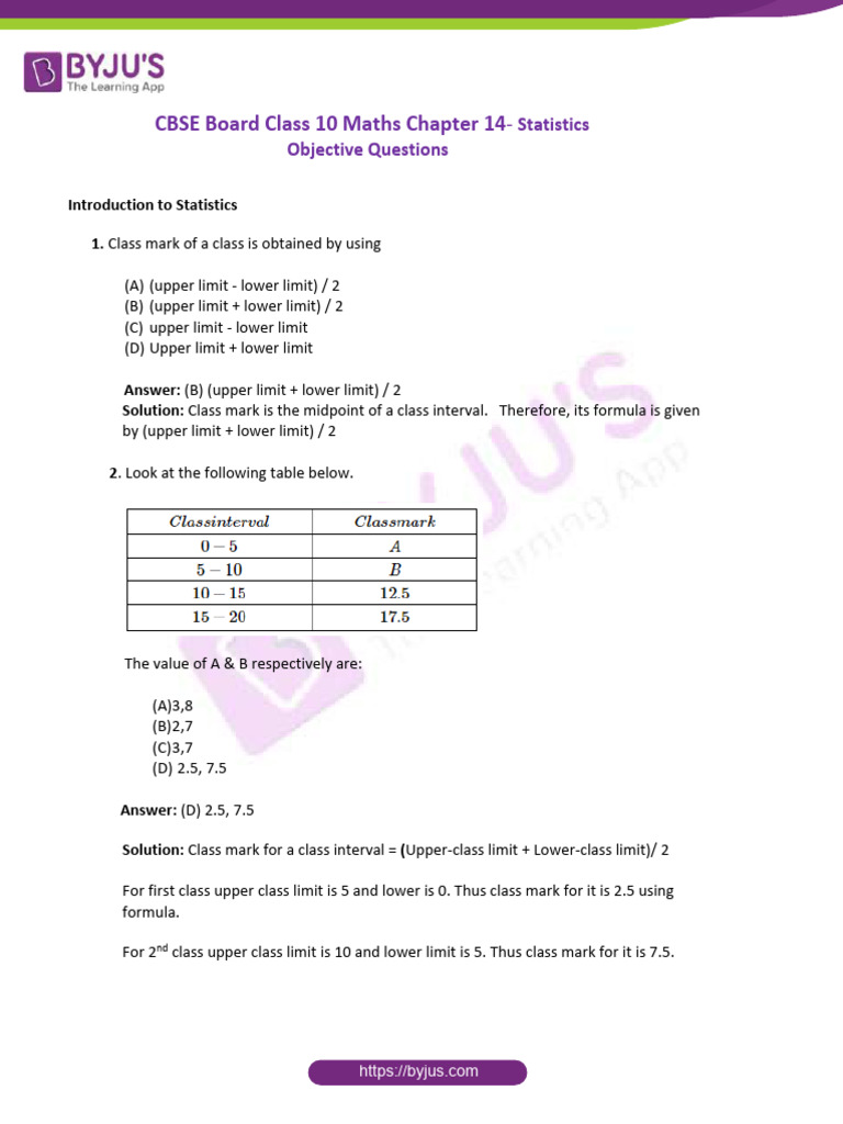 CBSE Class 10 Maths Chapter 14 Statistics Objective Questions | PDF ...