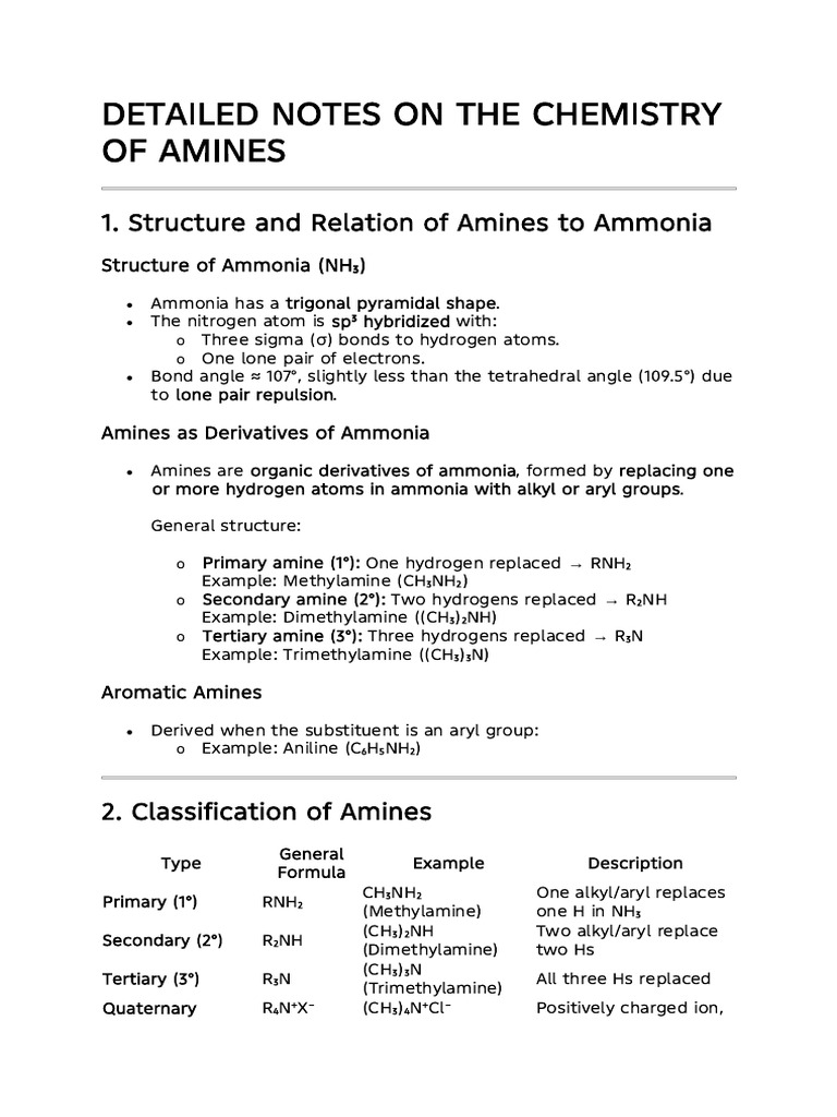 Detailed Notes On The Chemistry of Amines | PDF | Amine | Amide