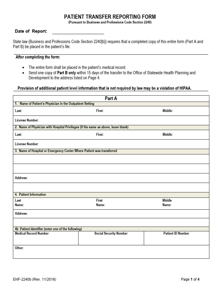 ENF 2240b Patient Transfer Form Nov.2018 | PDF | Medicine | Surgery