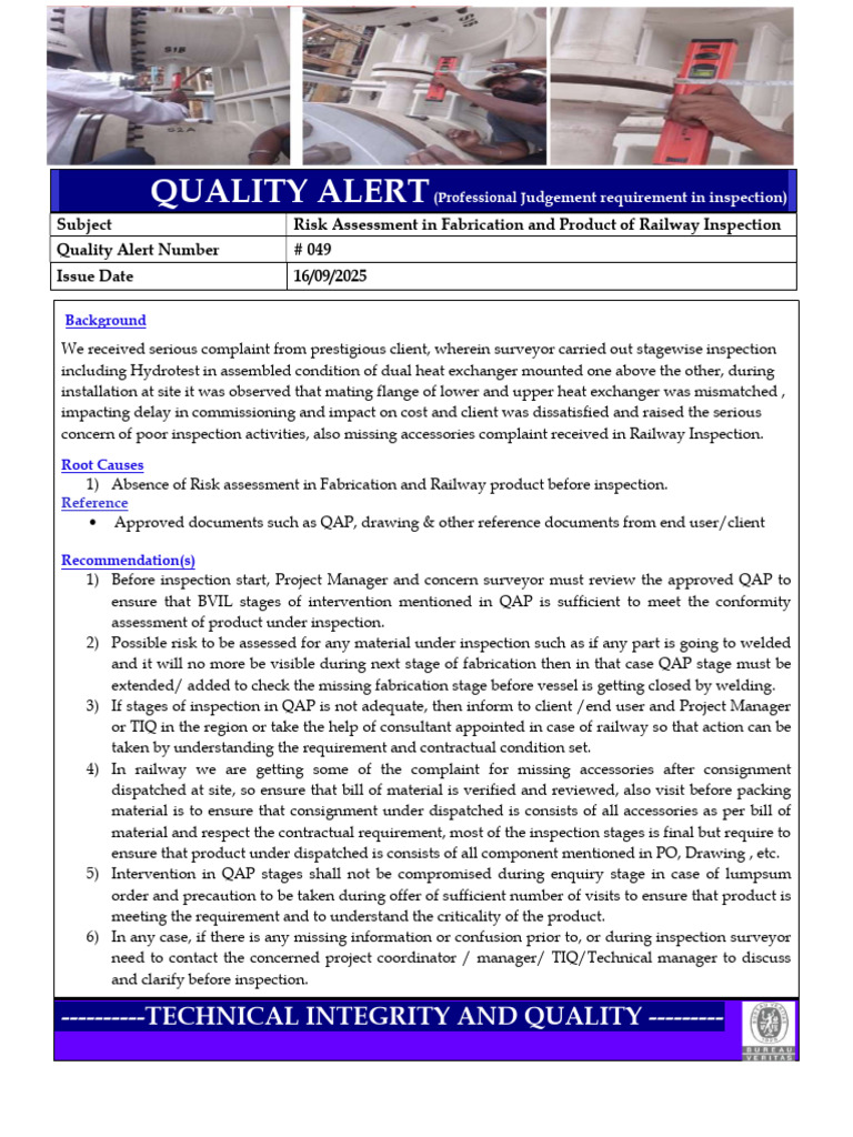 Quality Alert #49 - Risk Assessment Before Inspection | PDF