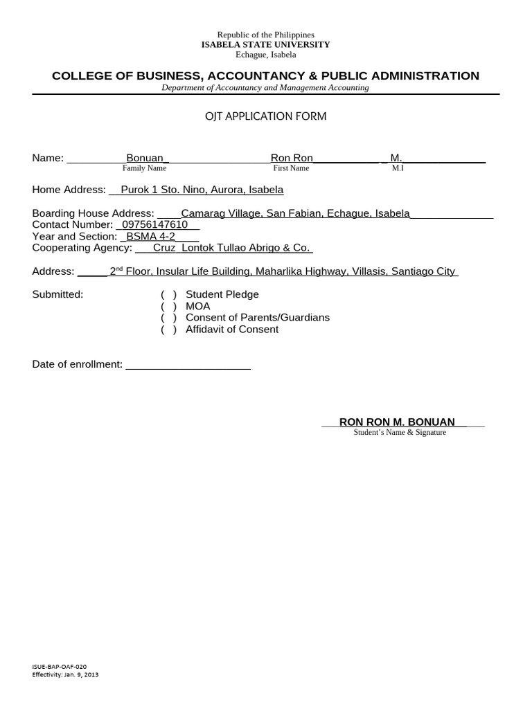 OJT Application Form Ron | PDF