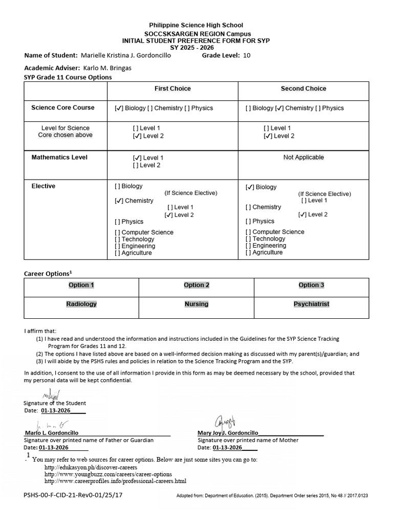 Grade 10 Initial Preference Form_gordoncillo | PDF | Science