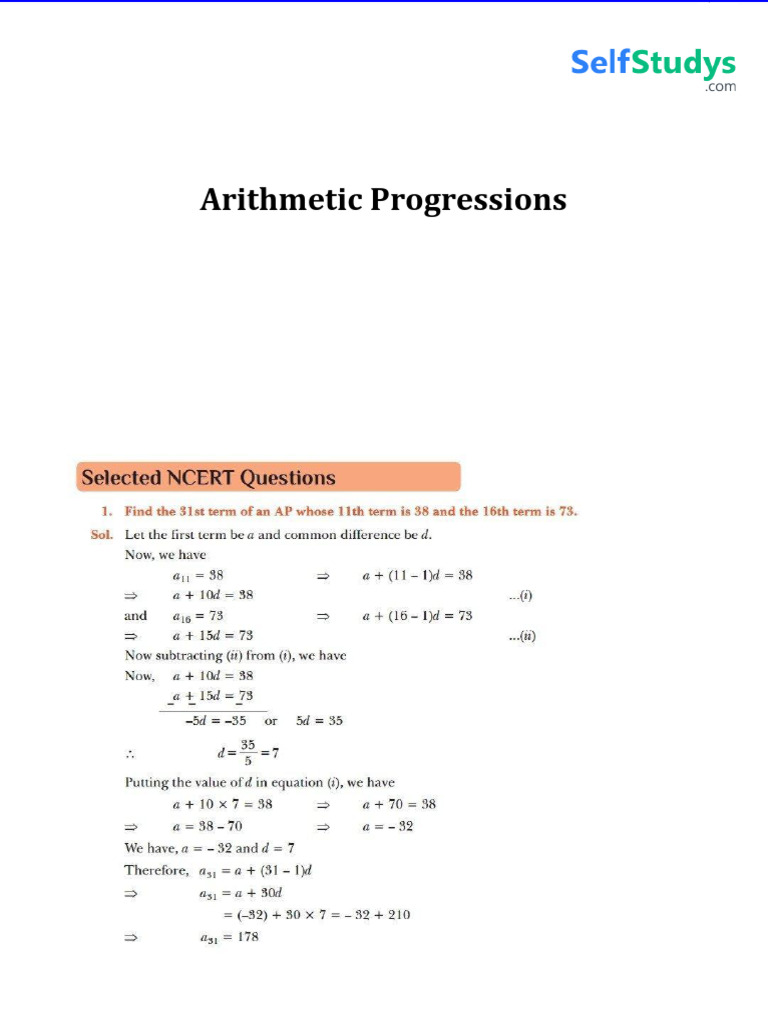 CBSE 1oth Arithmetic Progressions Ques | PDF
