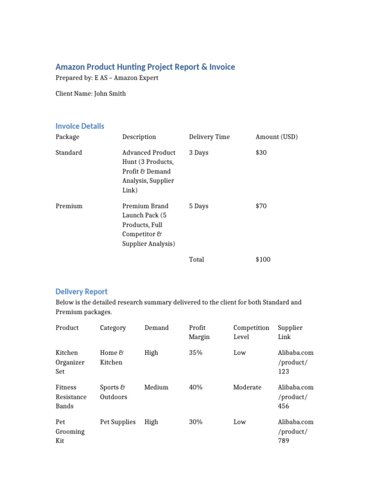 Amazon Product Hunting Report and Invoice | PDF