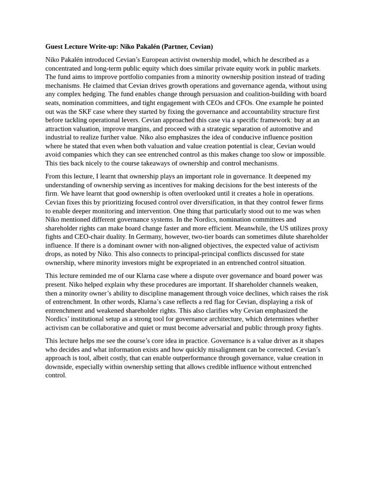 Guest lecture reflection | PDF | Governance | Investing