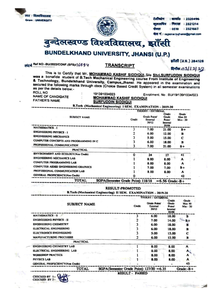 Kashif Transcript BTech Mechanical Engineering | PDF