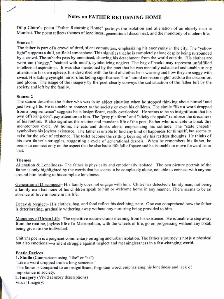 Notes On Father Returning Home and Lawley Road | PDF