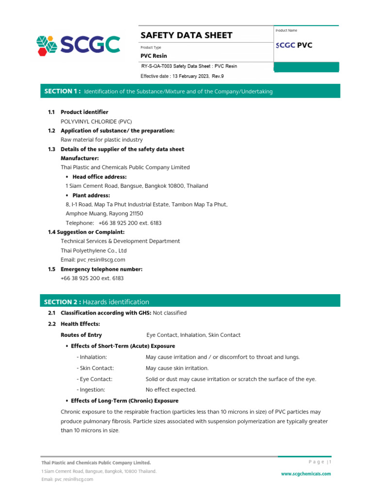 Safety Data Sheet of PVC Resin RY-S-QA-T003 09 (En) 2 | PDF | Polyvinyl ...