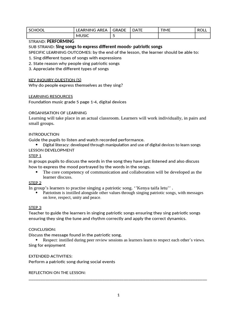 Grade 5 Music Lesson Plans Term 1 2 and 3 Foundation Music | PDF ...