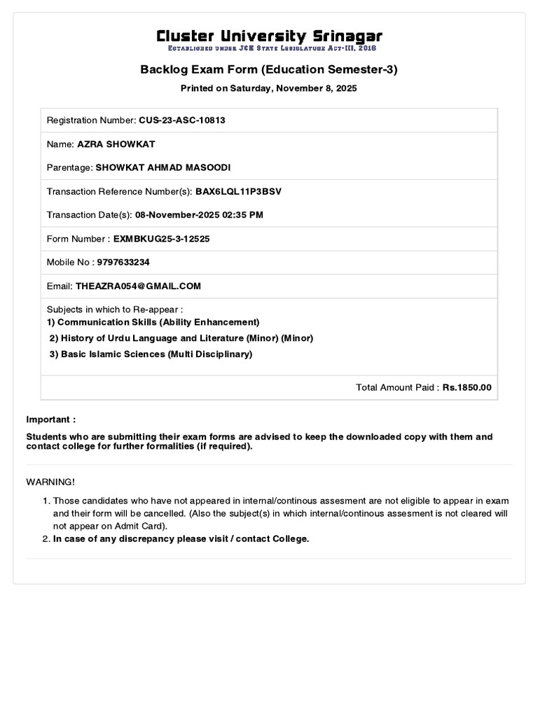 Azra Showkat Exam Form 3rd Sem Backlog | PDF