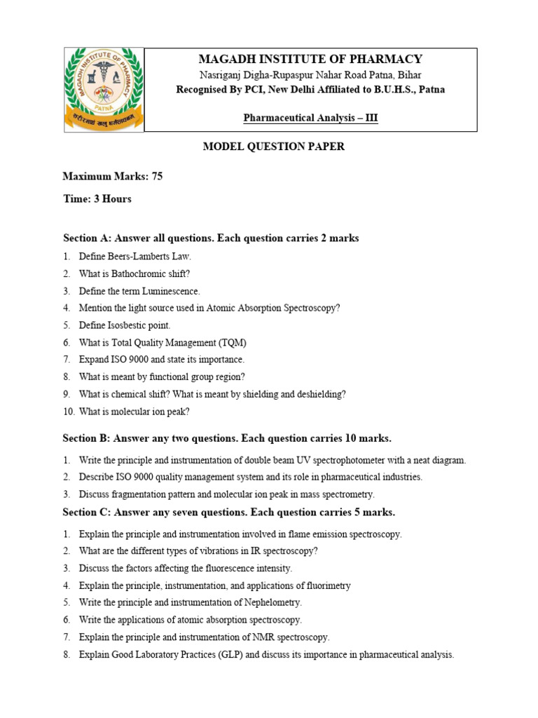 Model Question Paper of Pharmaceutical Analysis-III | PDF