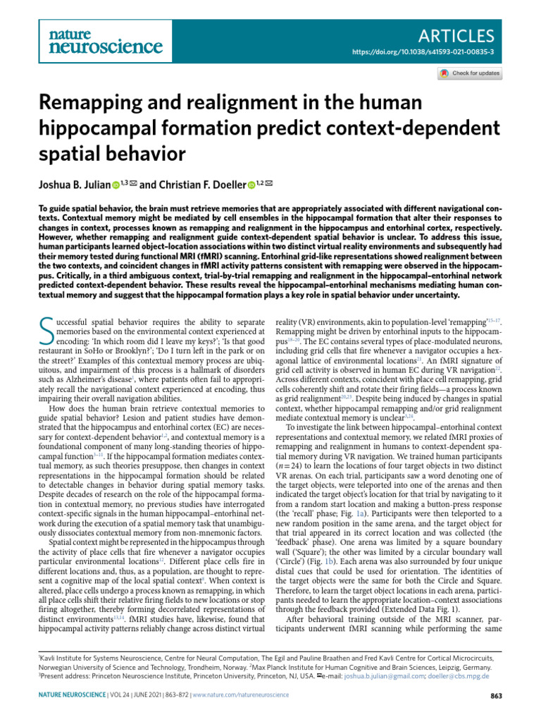 Remapping and Realignment in the Human Hippocampal Formation Predict ...