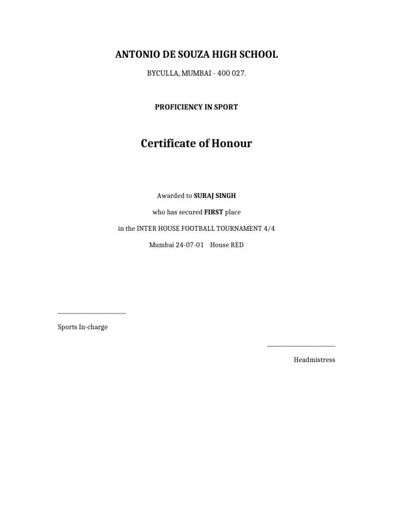 Certificate of Honour Same Format | PDF