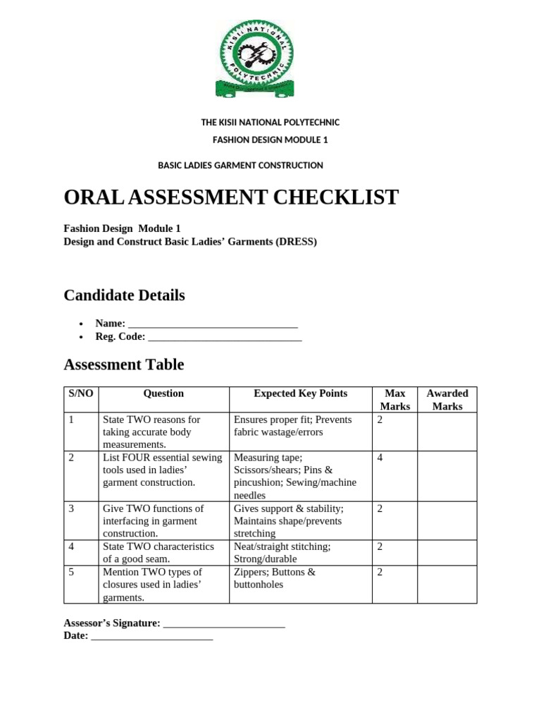 Oral Assessment Checklist s25 | PDF
