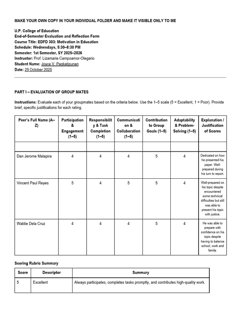 EDFD 303 Evaluation and Reflection Form - Pagkatipunan Joyce | PDF ...