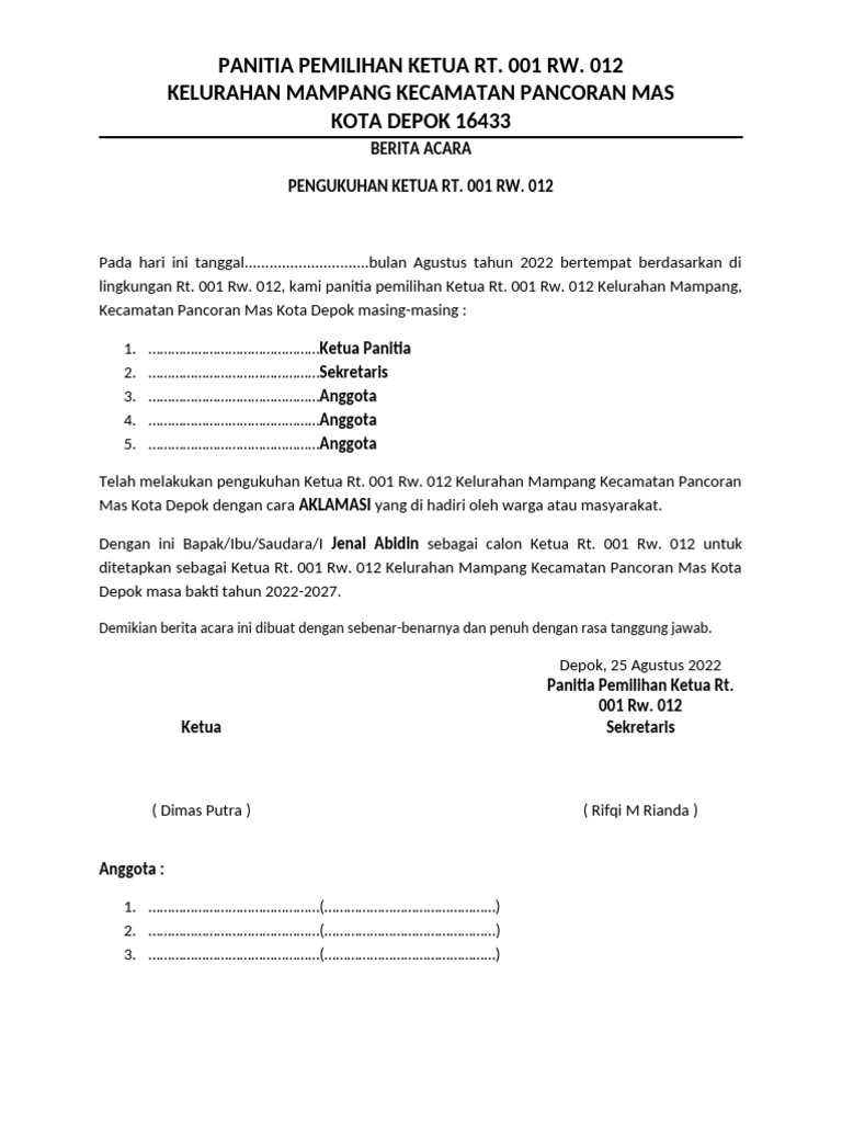 Berita Acara Pengukuhan Ketua RT&RW | PDF