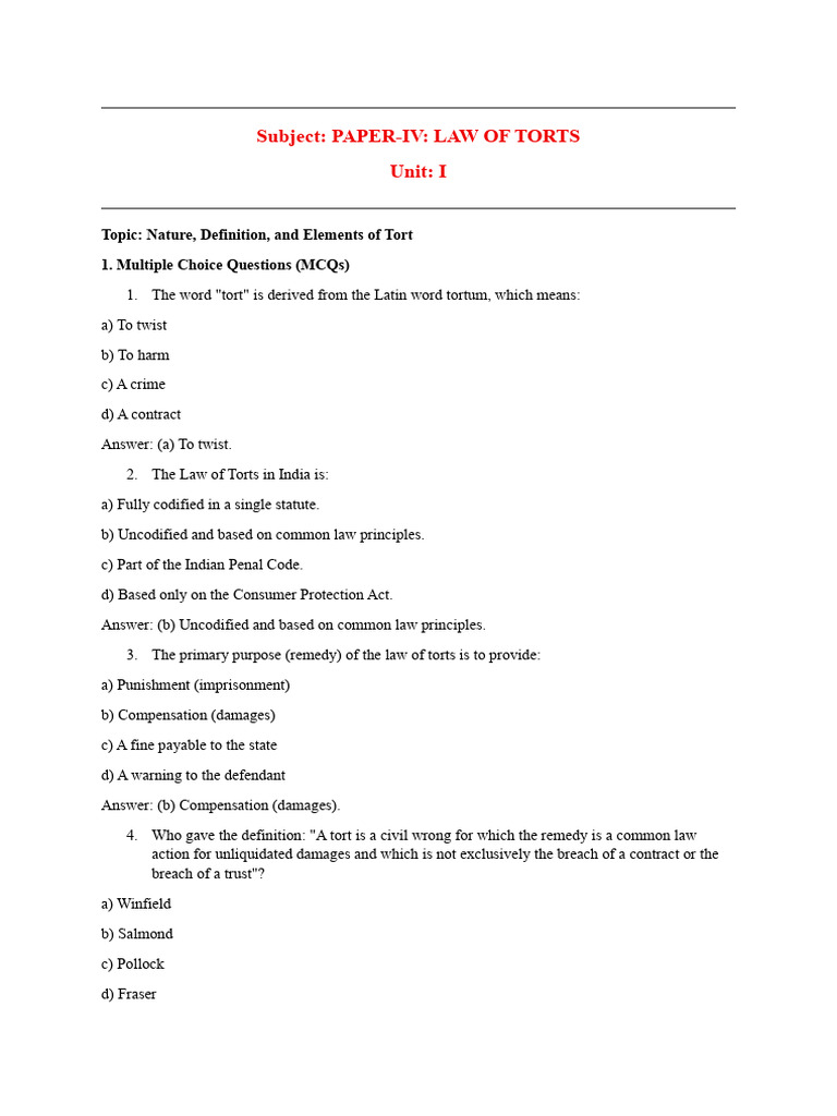 Law of Torts and MVA CPL - For Internal Exams | PDF | Tort | Negligence