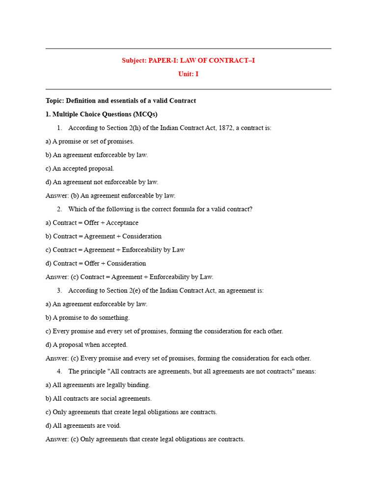 Law of Contract - I For Internal Exams | PDF | Offer And Acceptance ...