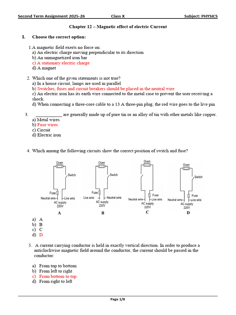 Physics Assignment II Magnetic Effect 25 Ans Key | PDF | Magnetic Field ...