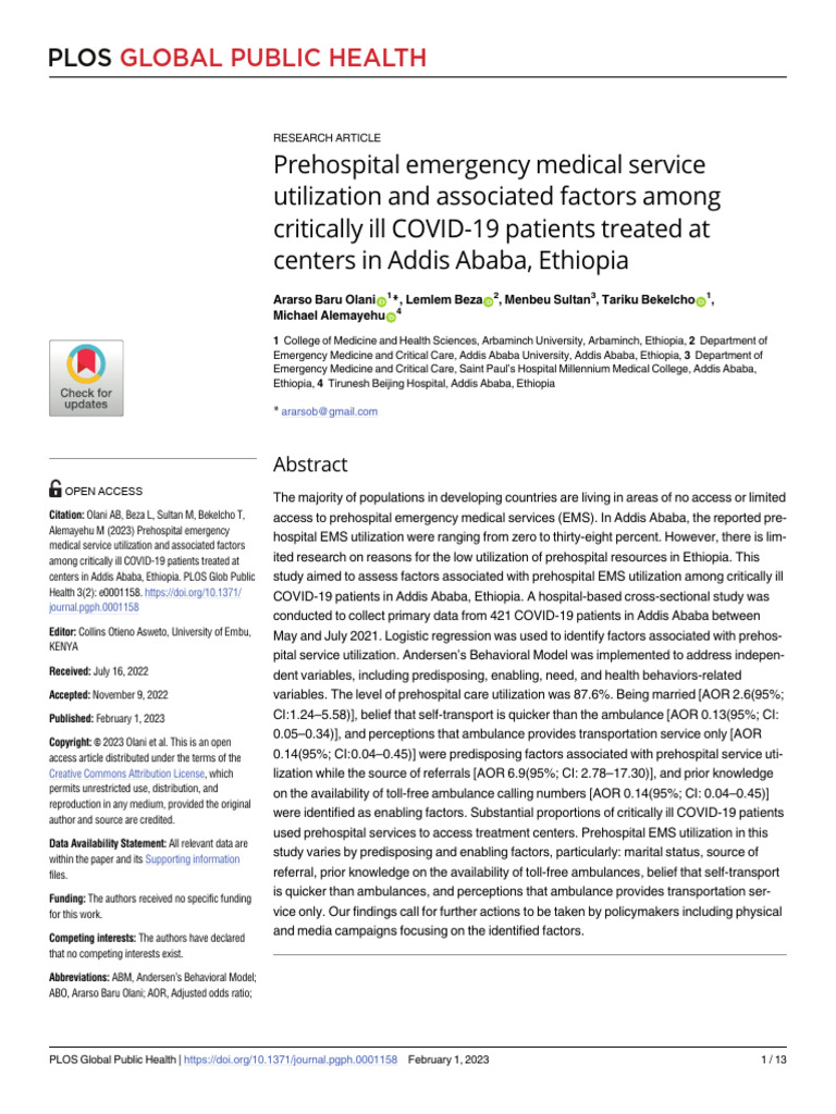 pgph.0001158 | PDF | Emergency Medical Services | Dependent And ...