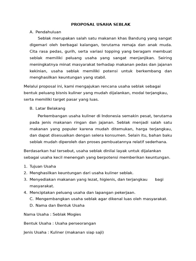 Proposal Usaha Seblak | PDF