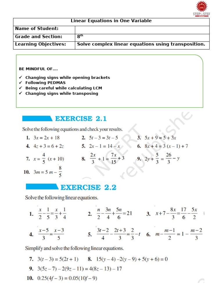 WS2 - Linear Equations 2 | PDF